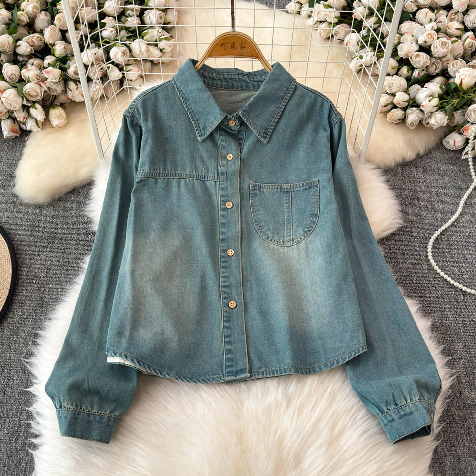 Şal Detaylı Yaka Açık Denim Gömlek