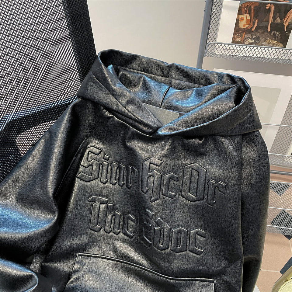 Şık Siyah PU Heykelsi Hoodie