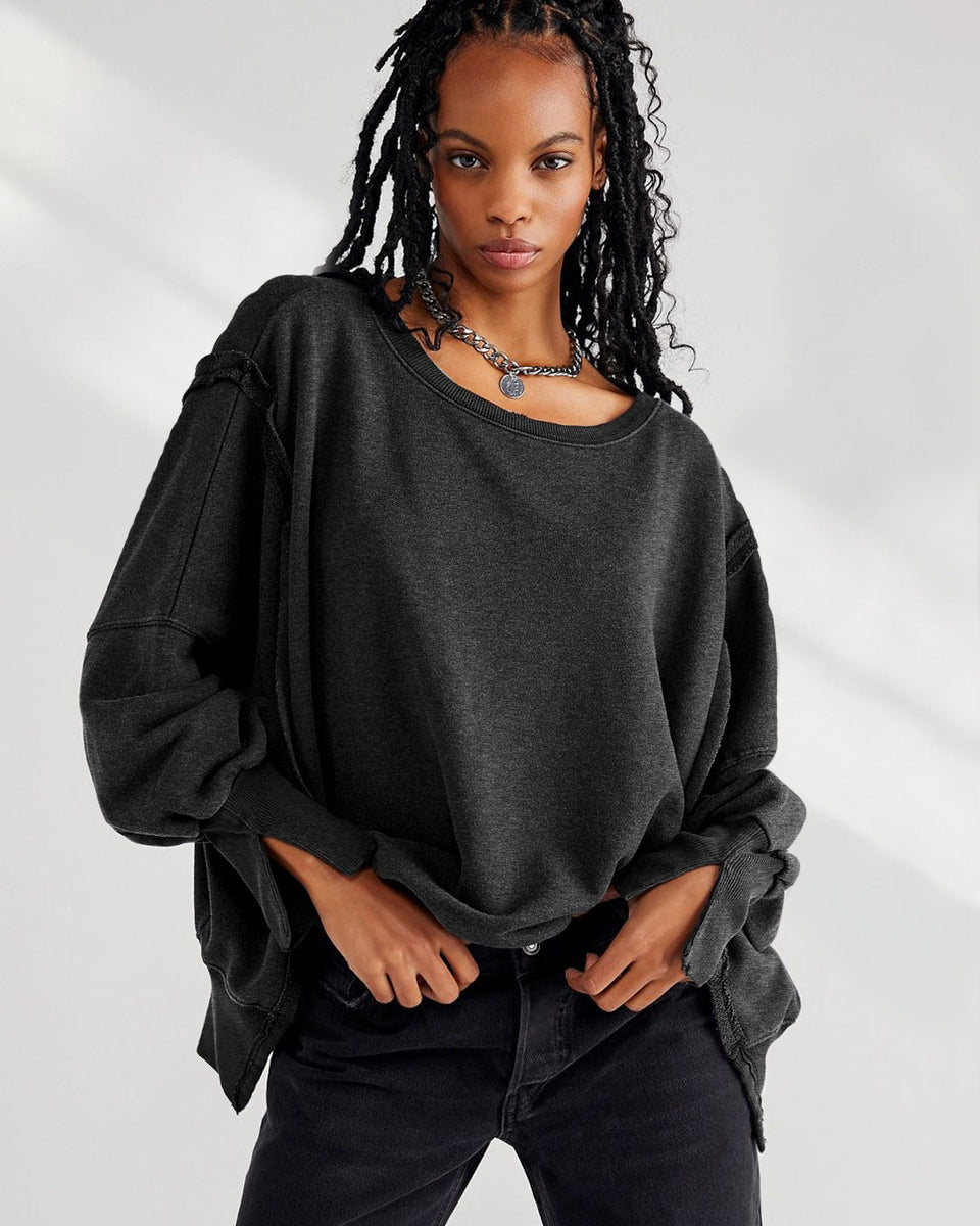 Yuvarlak Yaka Bol Kesim Yıpranmış Sweatshirt