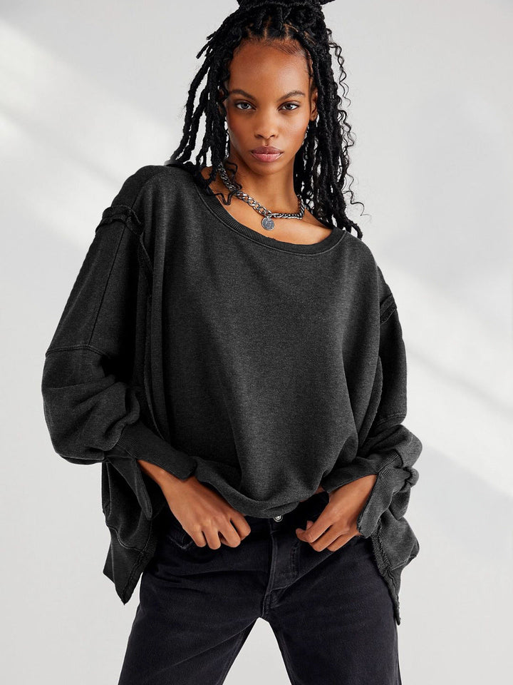Yuvarlak Yaka Bol Kesim Yıpranmış Sweatshirt
