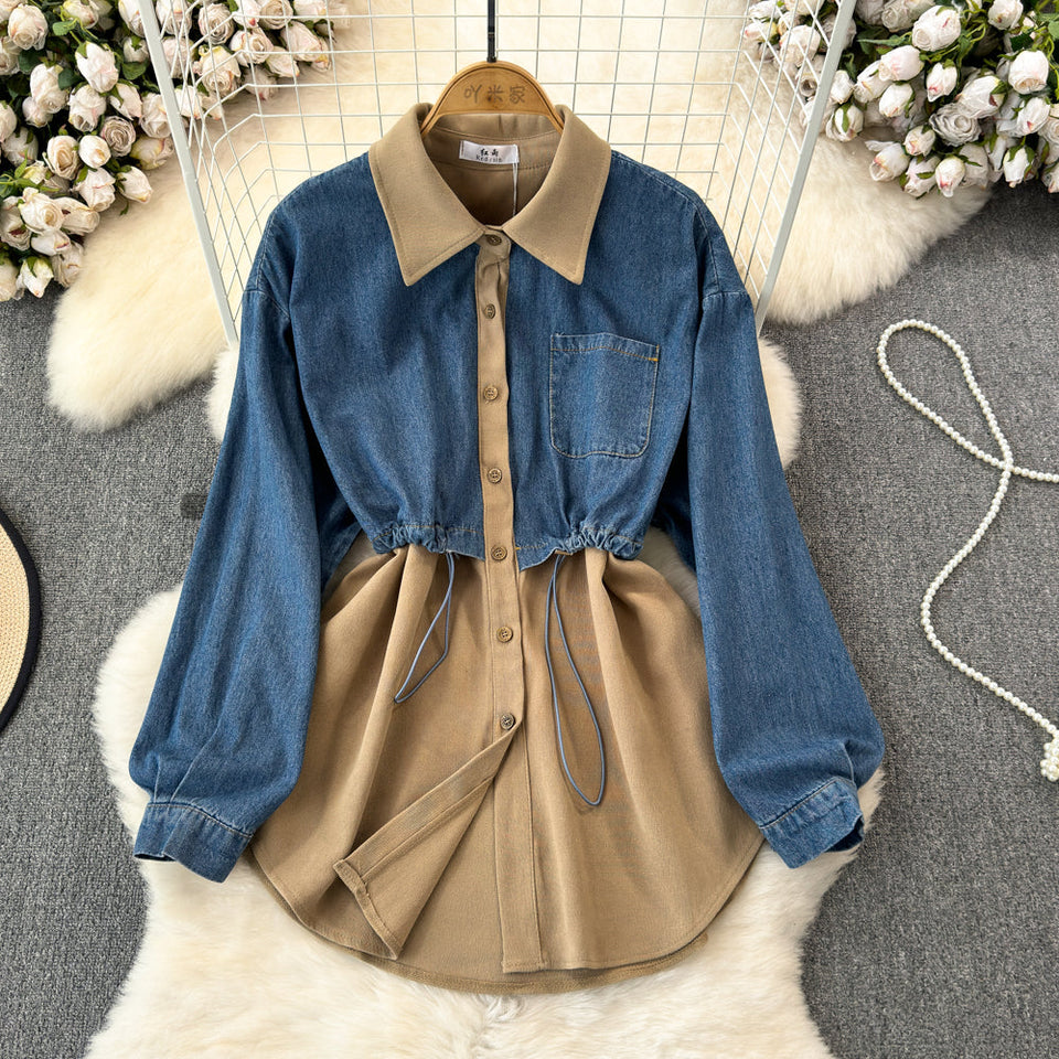 Şık Denim Patchwork Esnek Gömlek
