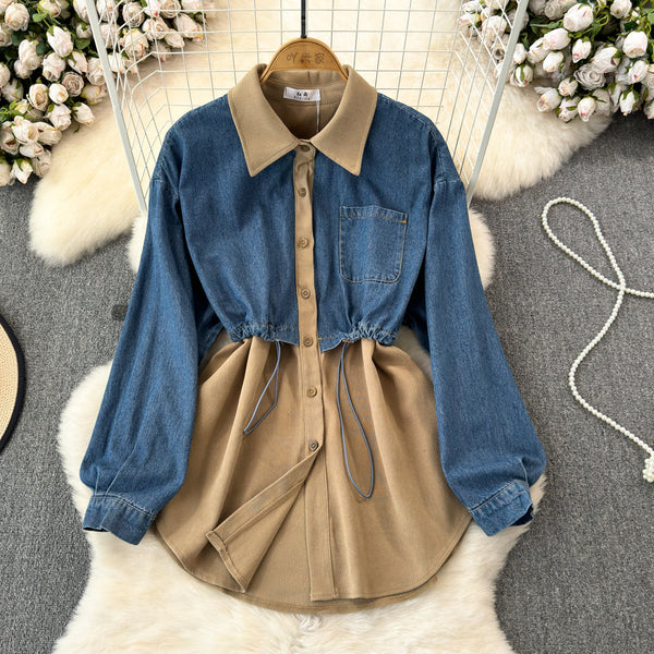 Şık Denim Patchwork Esnek Gömlek