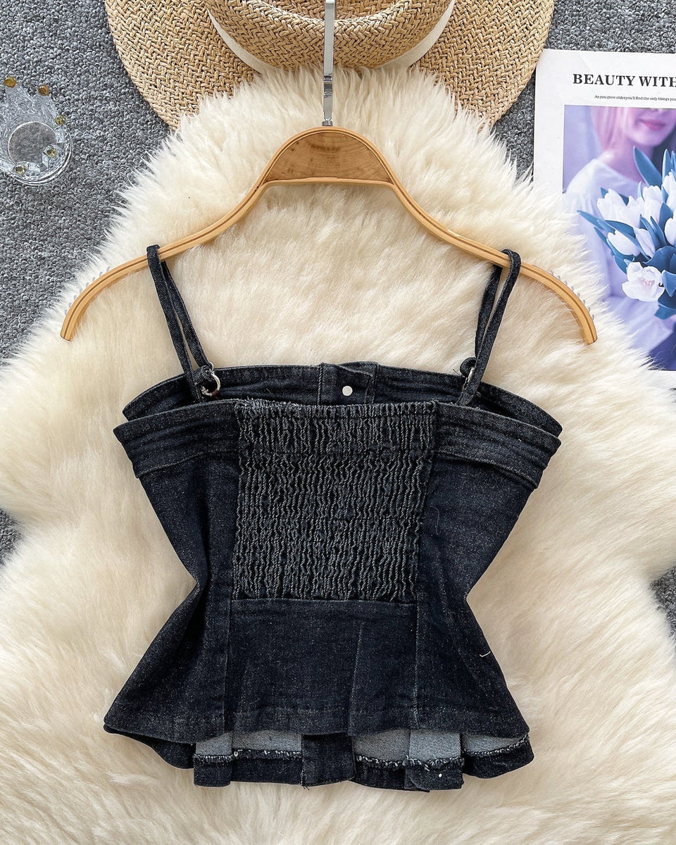Kore Tarzı Niş Denim Askılı Tişört