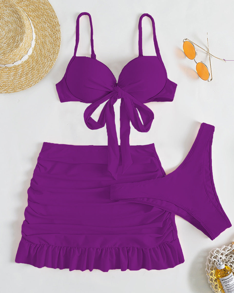 Düz Renk Üç Parça Yüksek Sarma Bikini