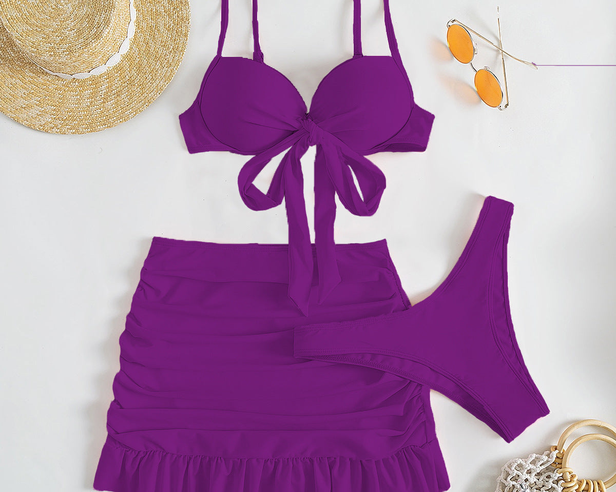 Düz Renk Üç Parça Yüksek Sarma Bikini
