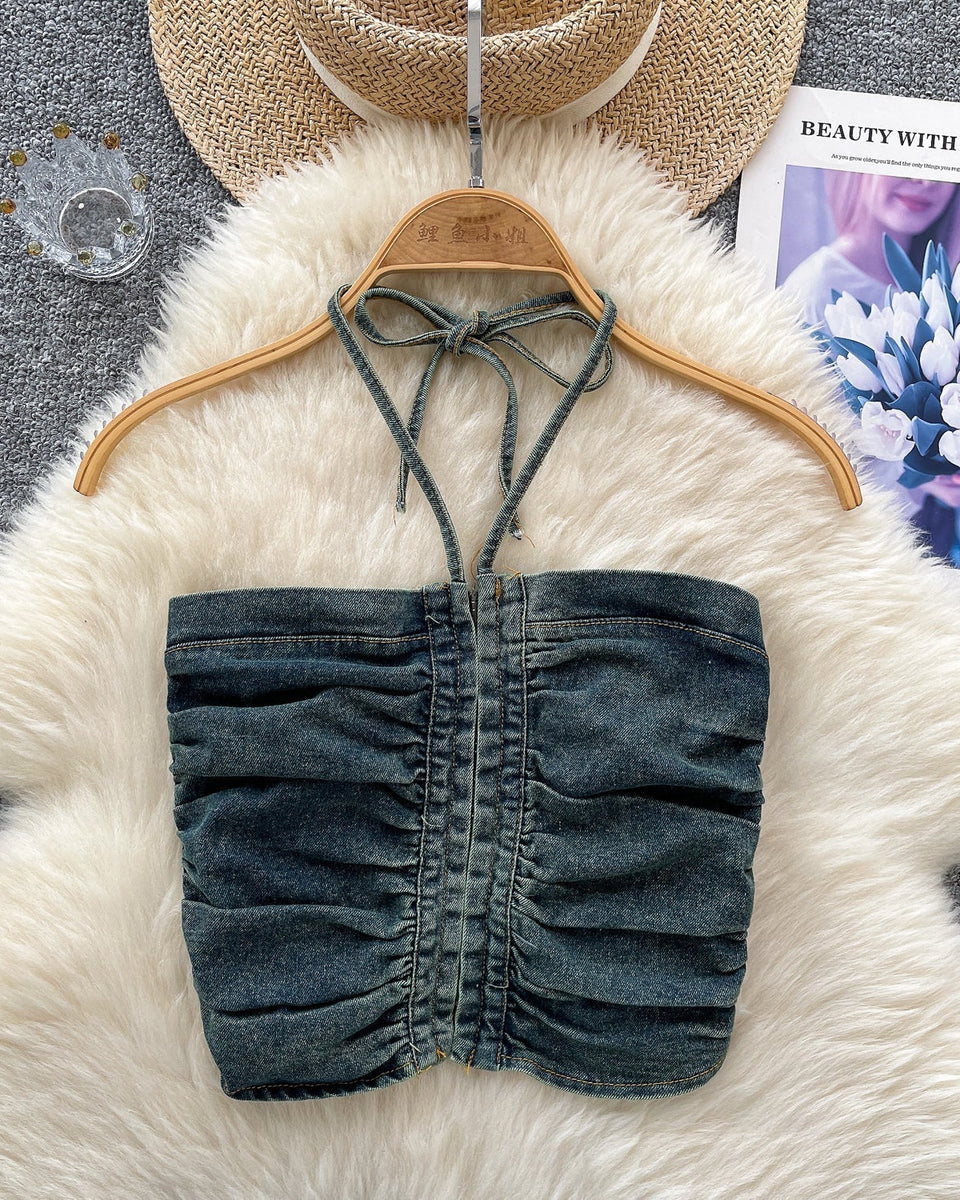 Vintage Denim Plise Askılı Üst