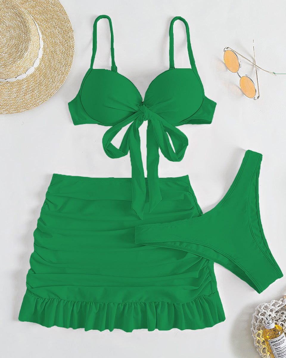 Düz Renk Üç Parça Yüksek Sarma Bikini