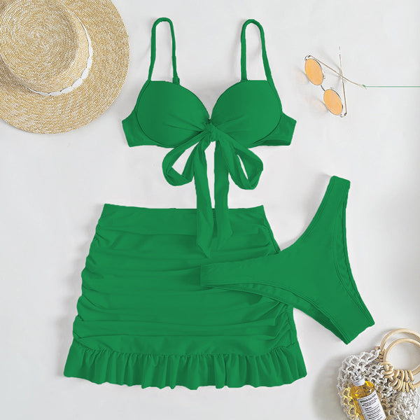 Düz Renk Üç Parça Yüksek Sarma Bikini
