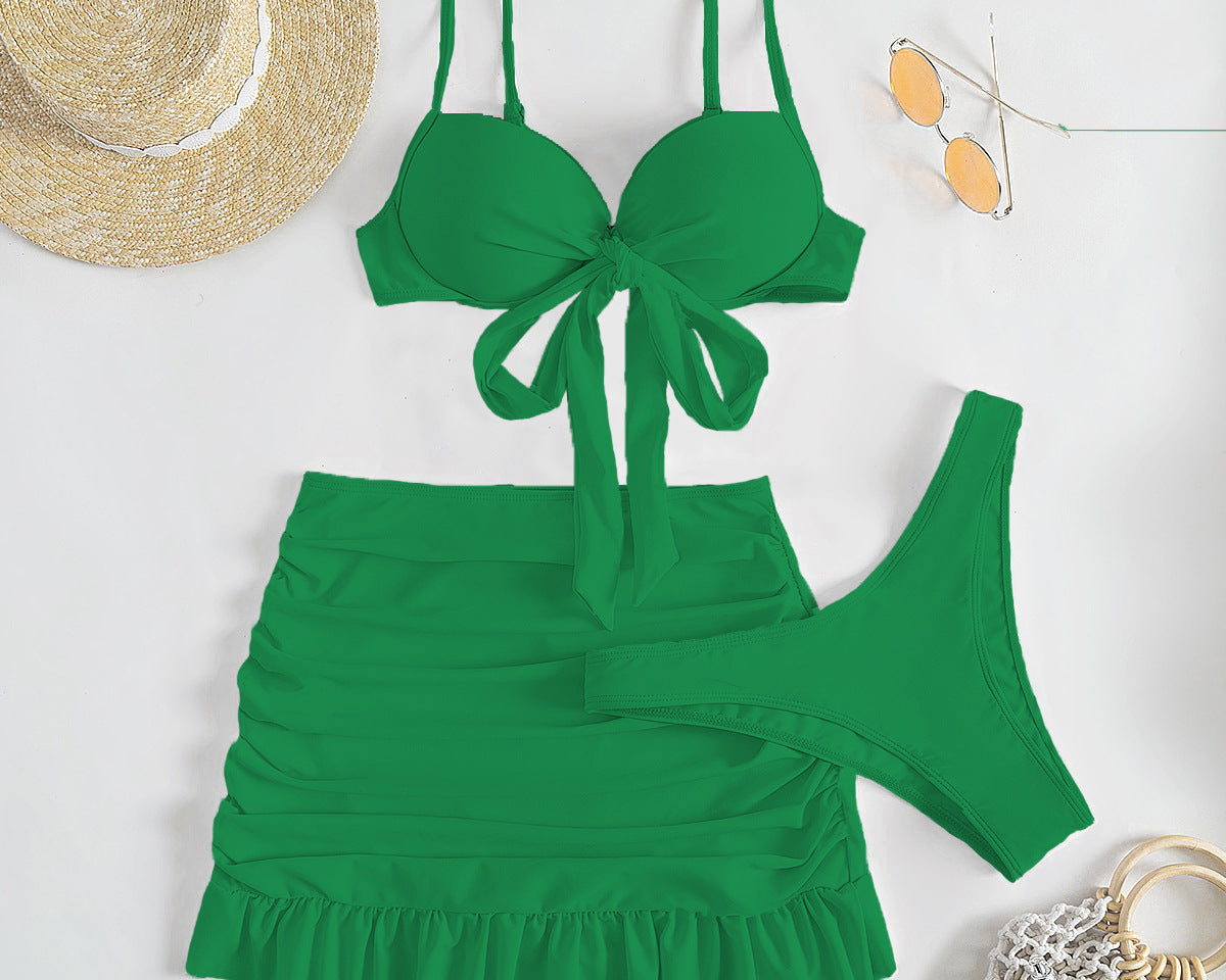Düz Renk Üç Parça Yüksek Sarma Bikini