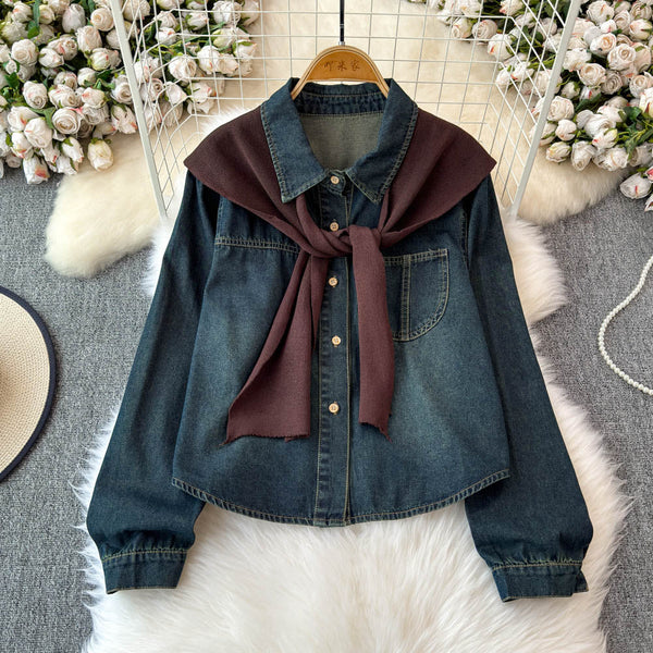Şal Detaylı Yaka Açık Denim Gömlek