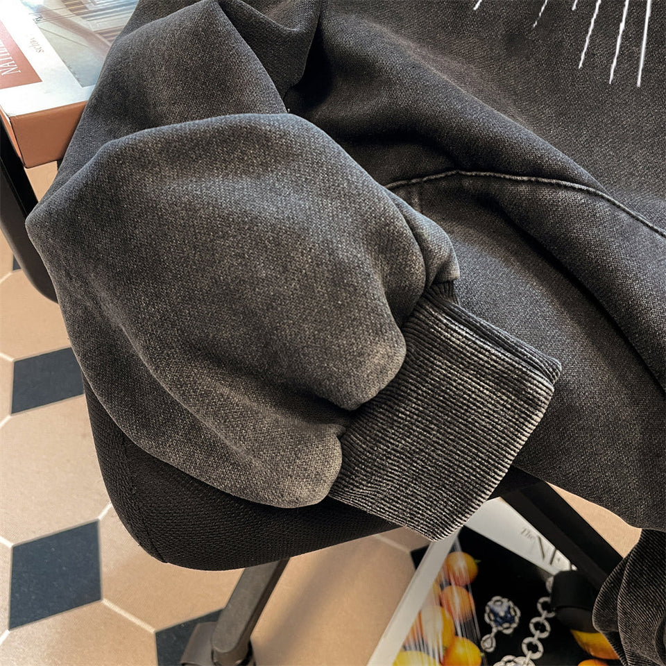 Oversize Yıpranmış Baskılı Kapüşonlu Sweatshirt