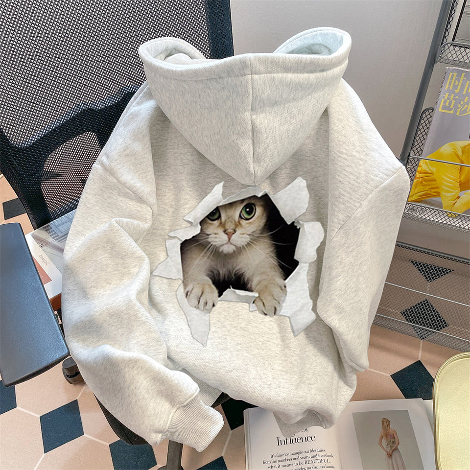 Kedi Baskılı Termal Kapüşonlu Sweatshirt