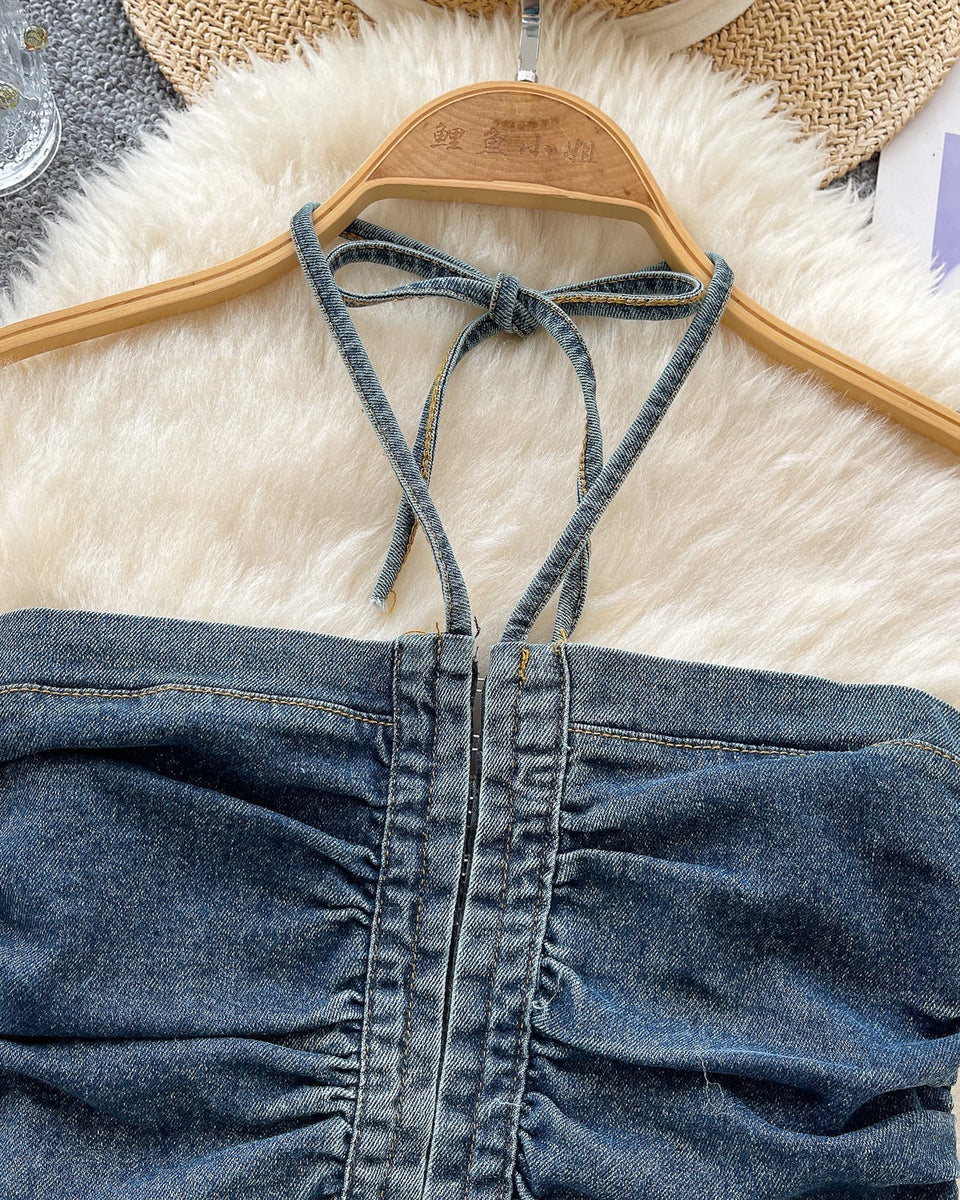 Vintage Denim Plise Askılı Üst