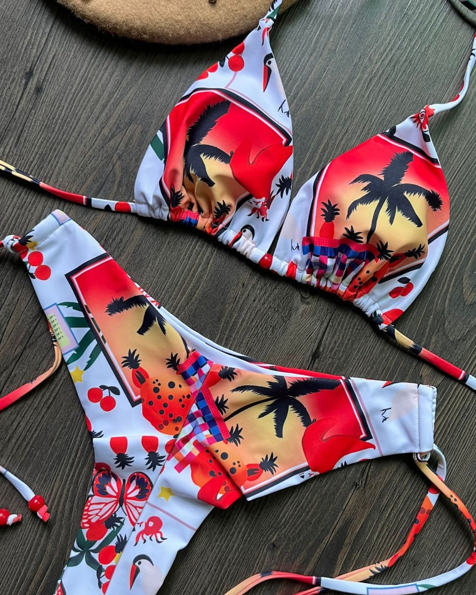 Baskılı Üçgen Bağlama İpli Üç Noktalı Bikini