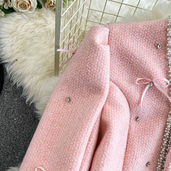 Fiyonk Boncuklu Pembe Tweed Üst