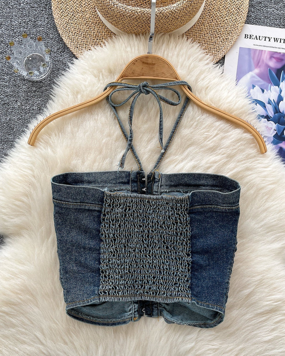 Vintage Denim Plise Askılı Üst