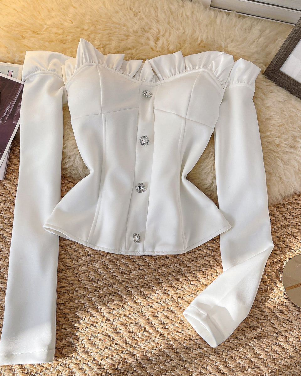 Niş Off-shoulder Rhinestone Düğmeli Üst