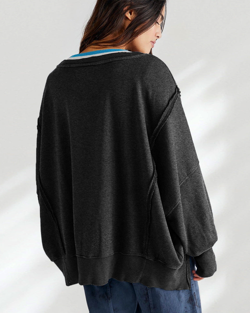 Yuvarlak Yaka Bol Kesim Yıpranmış Sweatshirt