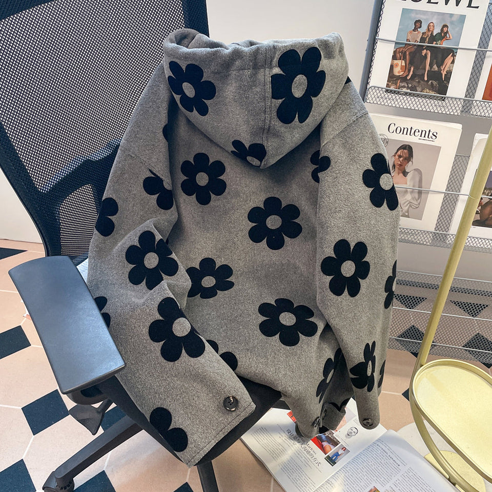 Siyah Çiçekli Gri Lambswool Kapüşonlu Sweatshirt