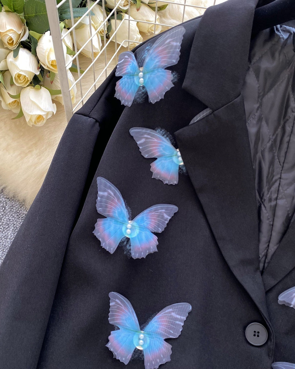 3D Mavi Kelebek Siyah Blazer