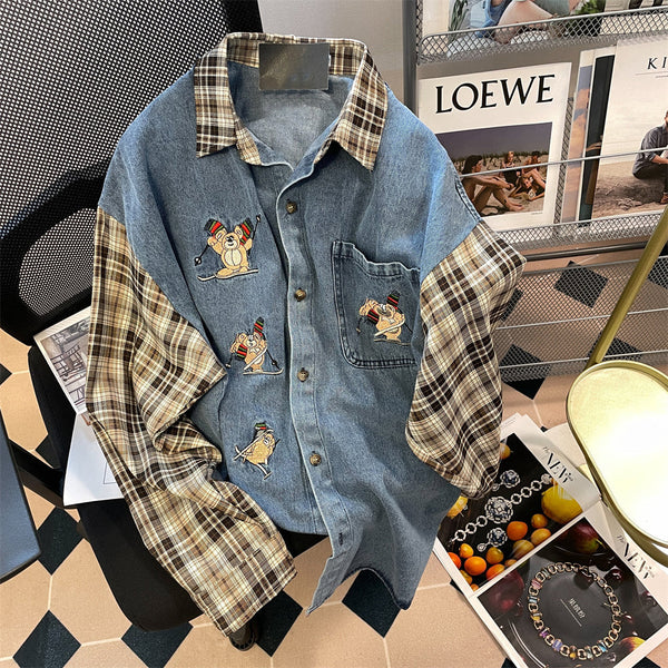 Vintage Denim Patchwork Ekose Gömlek