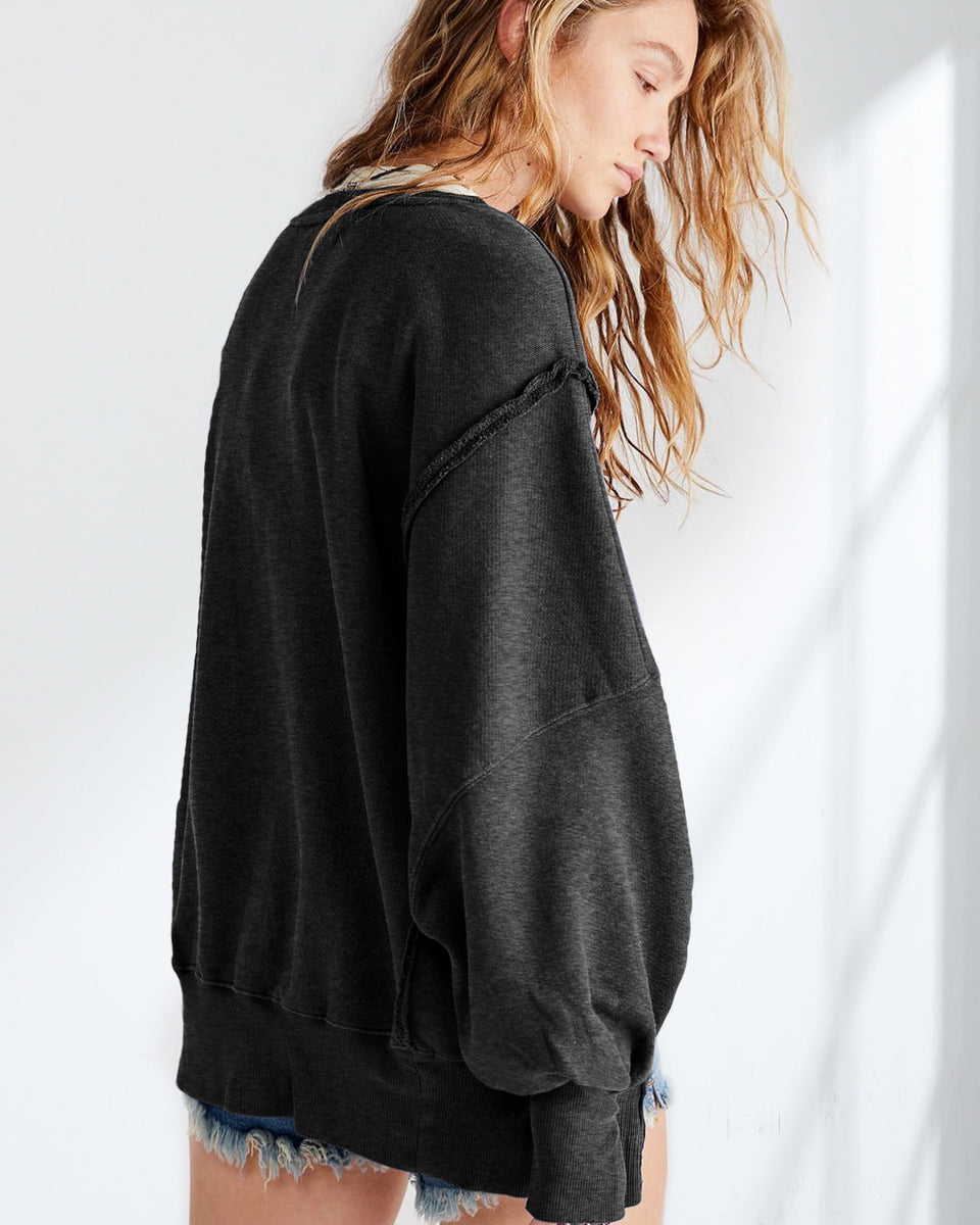 Yuvarlak Yaka Bol Kesim Yıpranmış Sweatshirt