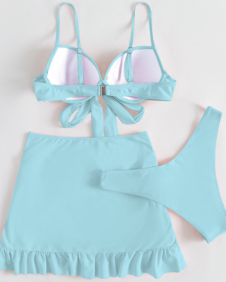 Düz Renk Üç Parça Yüksek Sarma Bikini