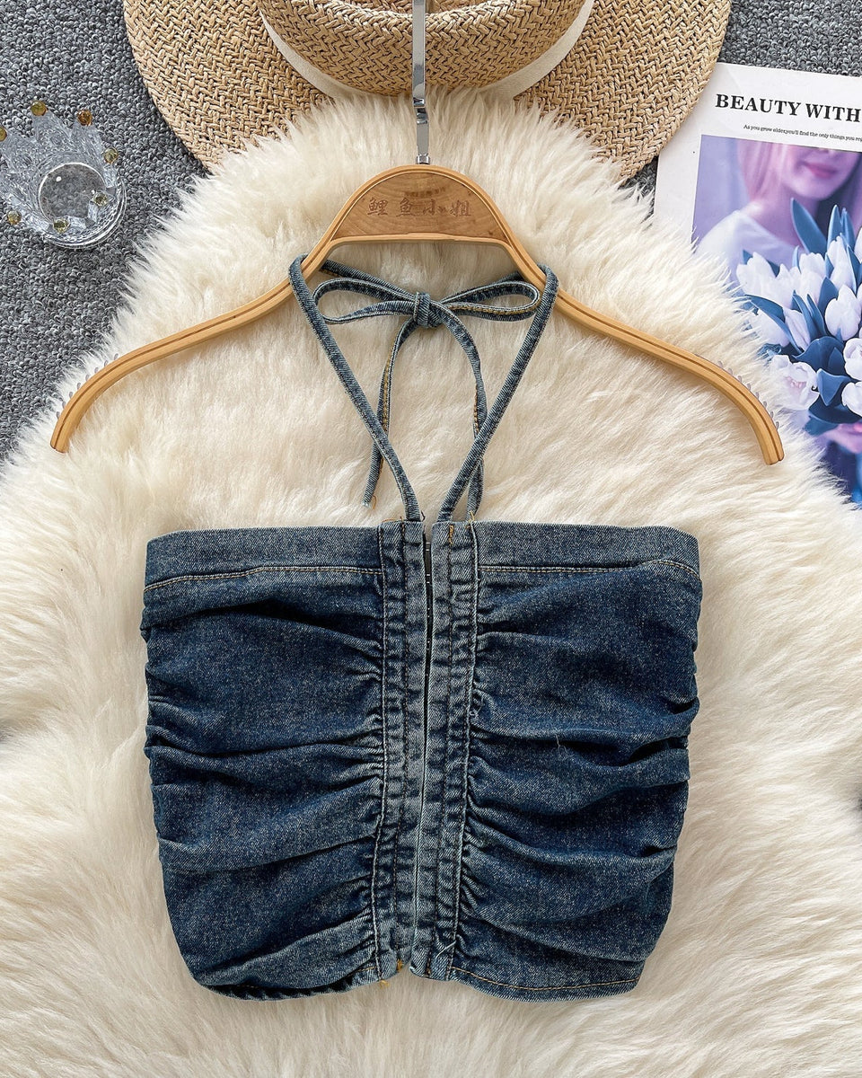 Vintage Denim Plise Askılı Üst