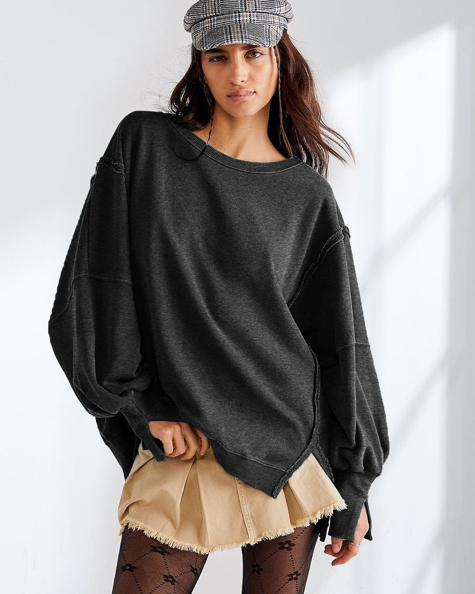 Yuvarlak Yaka Bol Kesim Yıpranmış Sweatshirt