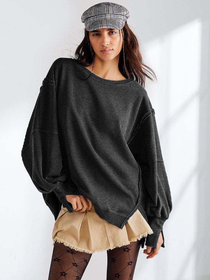 Yuvarlak Yaka Bol Kesim Yıpranmış Sweatshirt