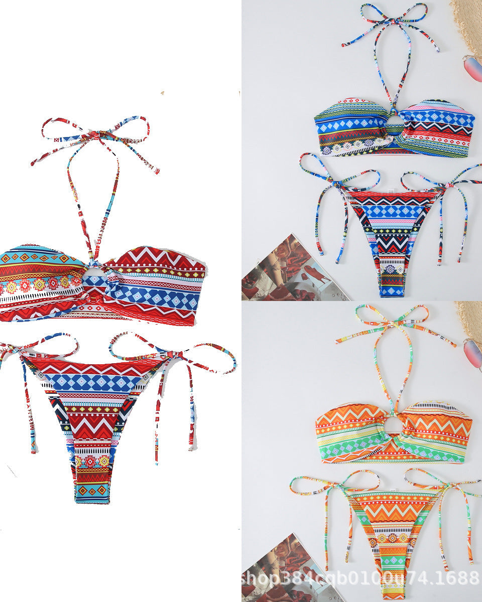 Baskılı Antik Stil Askılı Asılı Boyun Bikini