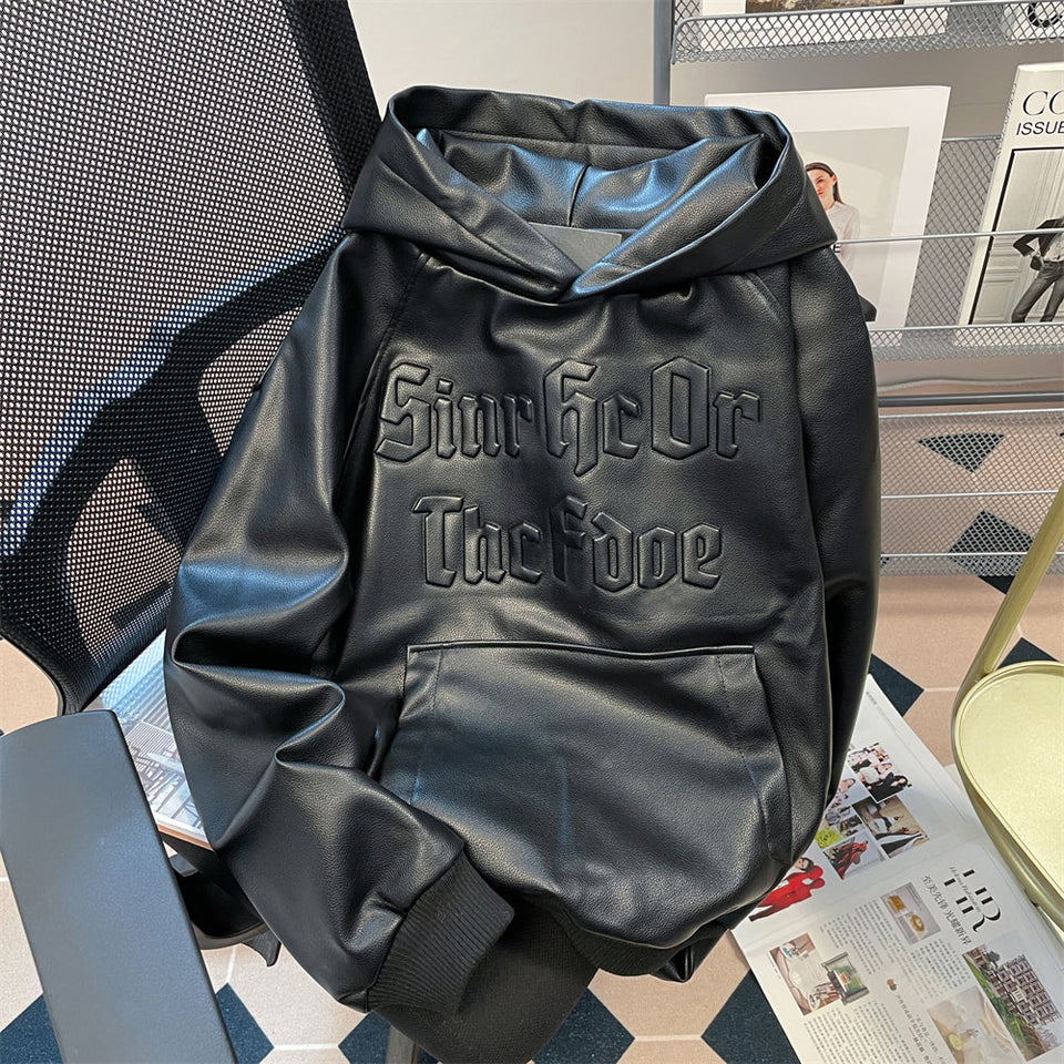 Şık Siyah PU Heykelsi Hoodie