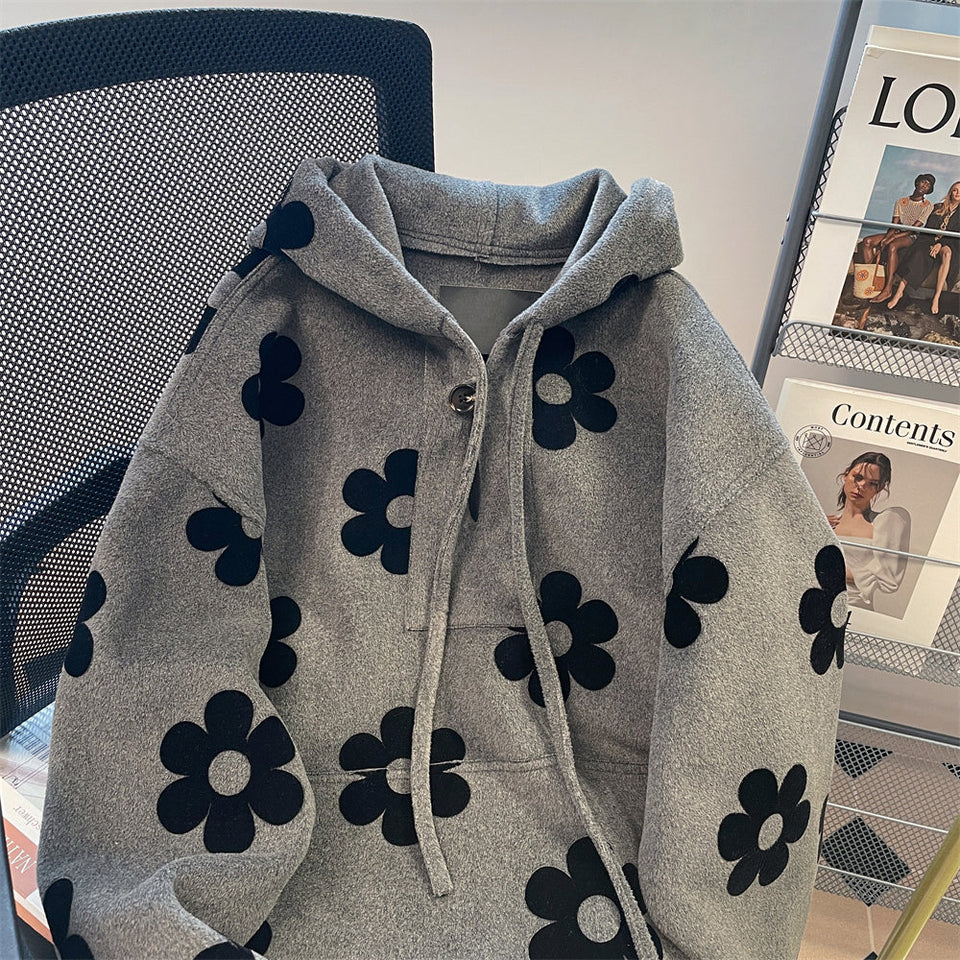 Siyah Çiçekli Gri Lambswool Kapüşonlu Sweatshirt