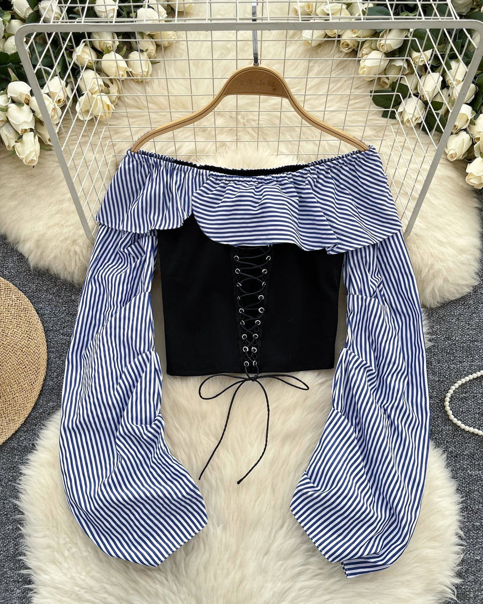 Omuz Açık Çizgili Patchwork Üst