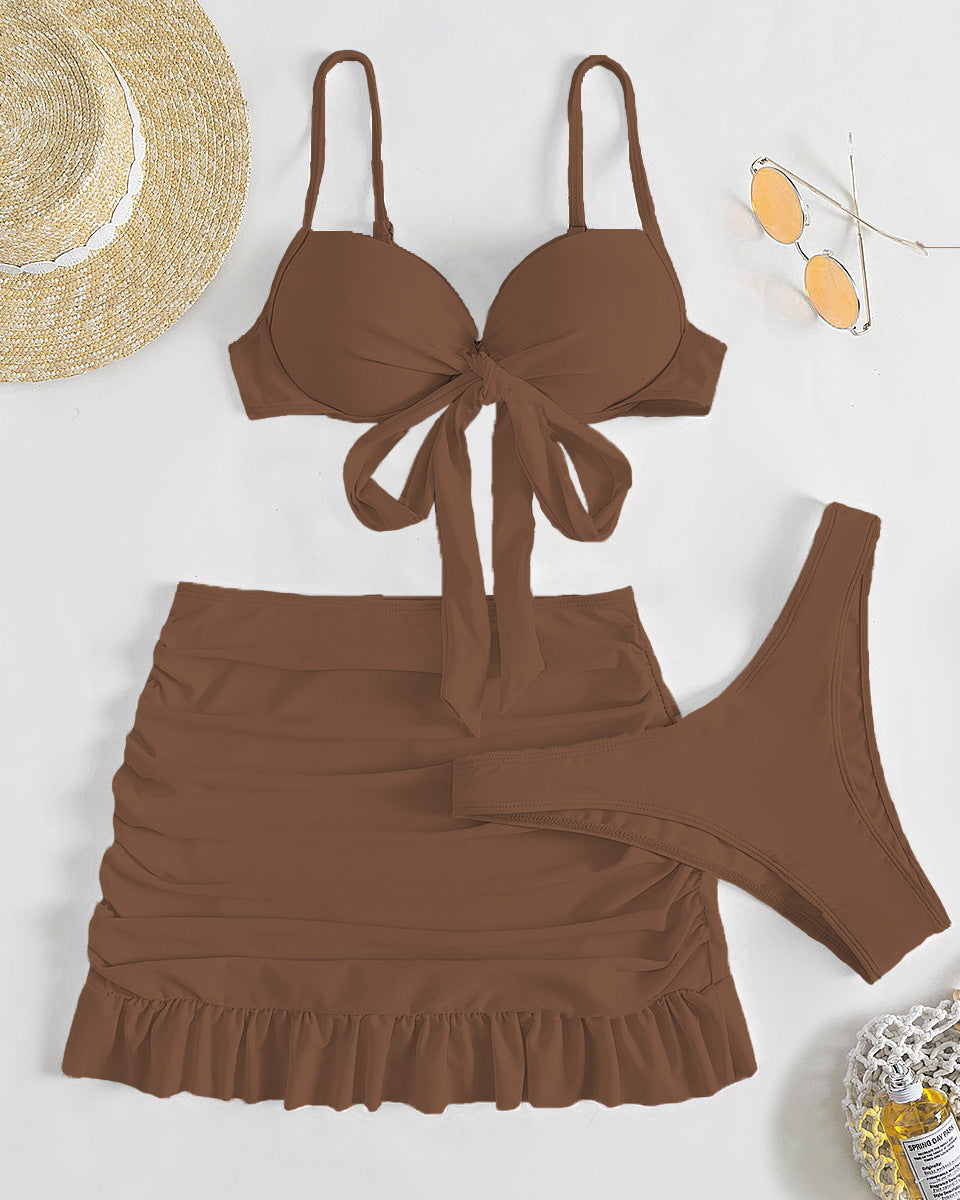 Düz Renk Üç Parça Yüksek Sarma Bikini