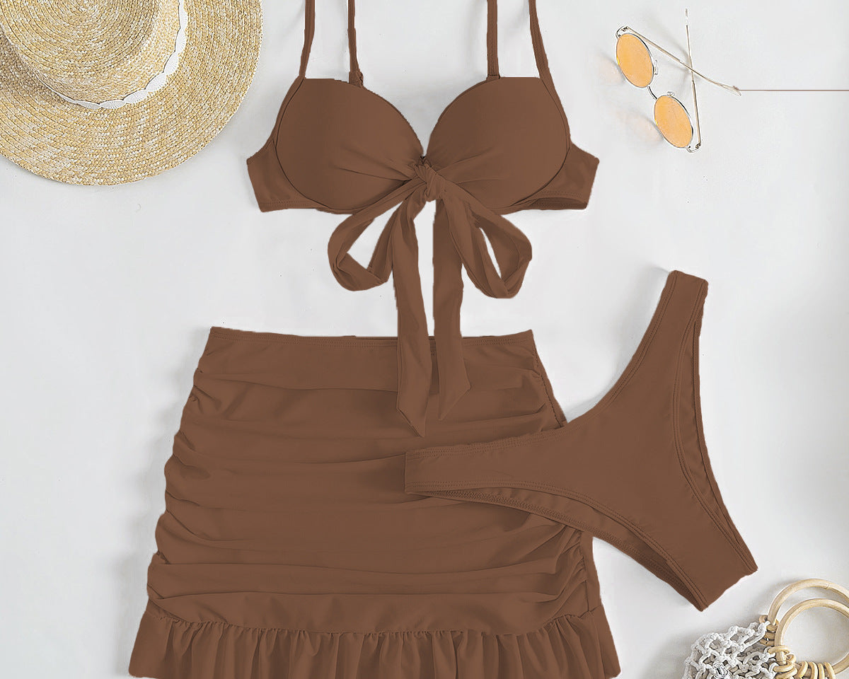 Düz Renk Üç Parça Yüksek Sarma Bikini