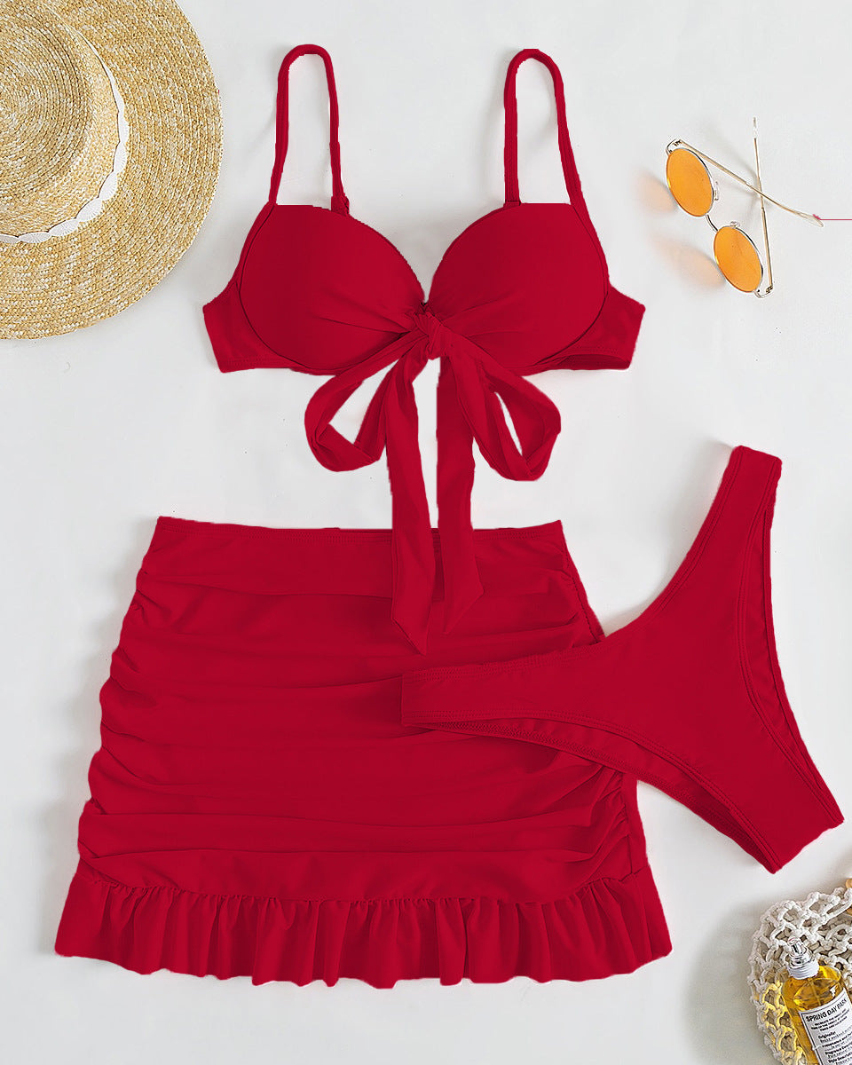 Düz Renk Üç Parça Yüksek Sarma Bikini