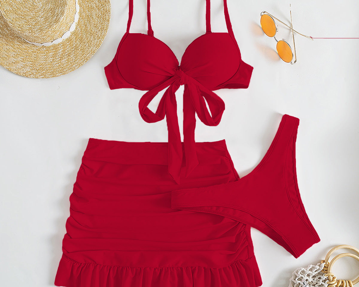 Düz Renk Üç Parça Yüksek Sarma Bikini