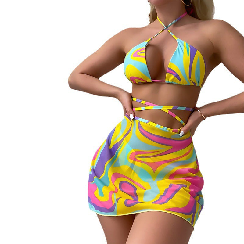 Kravat Desenli Baskılı File Üç Parça Bikini