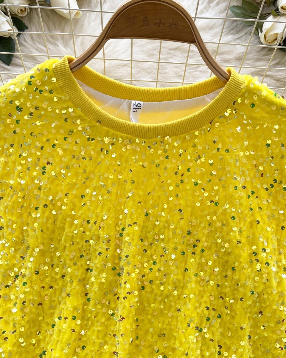 Crew Neck Payetli Kısa Tişört