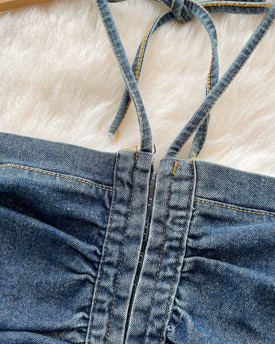 Vintage Denim Plise Askılı Üst
