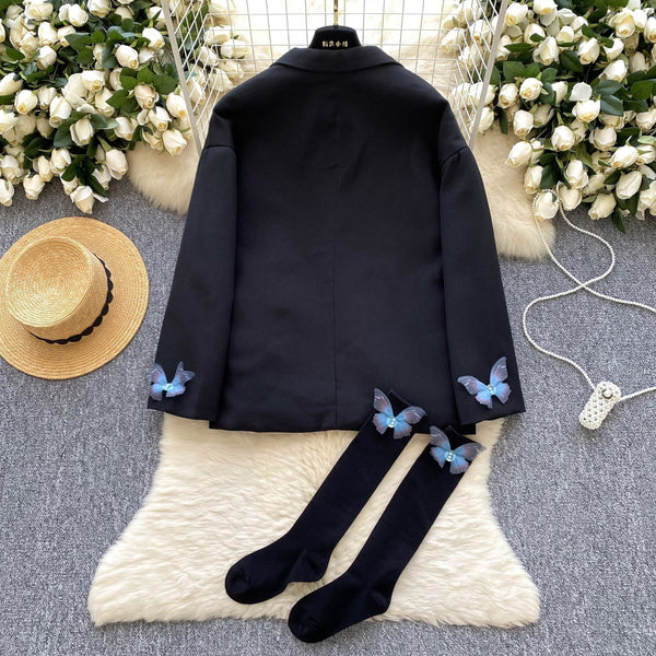 3D Mavi Kelebek Siyah Blazer