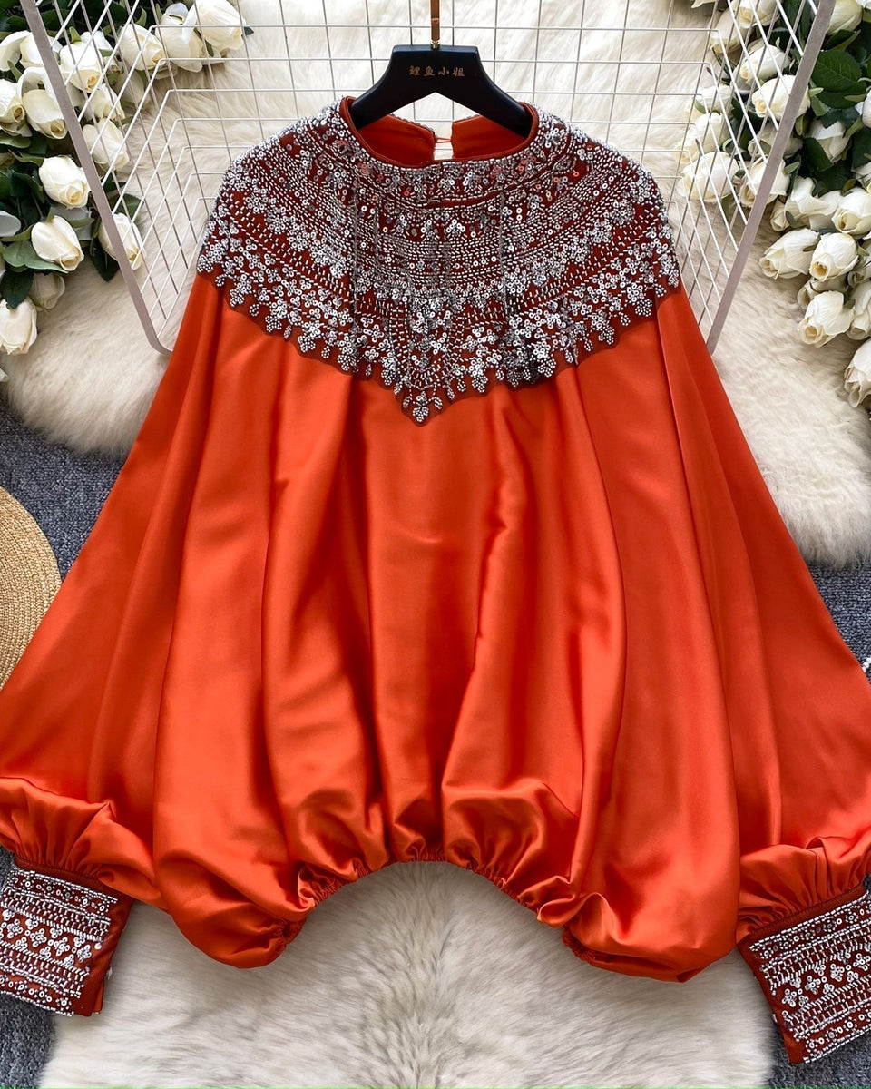 Etnik Stil Boncuklu Yarasa Kol Gömlek