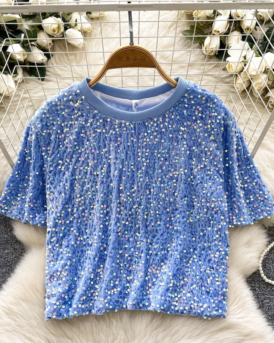 Crew Neck Payetli Kısa Tişört