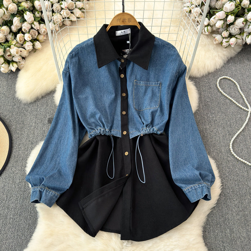 Şık Denim Patchwork Esnek Gömlek