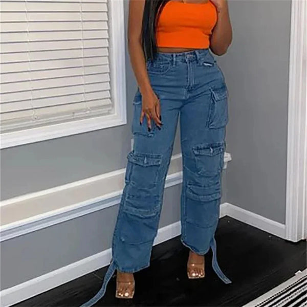 Ines - Geniş Denim Pantolon - Çoklu Cepler Sokak Modası