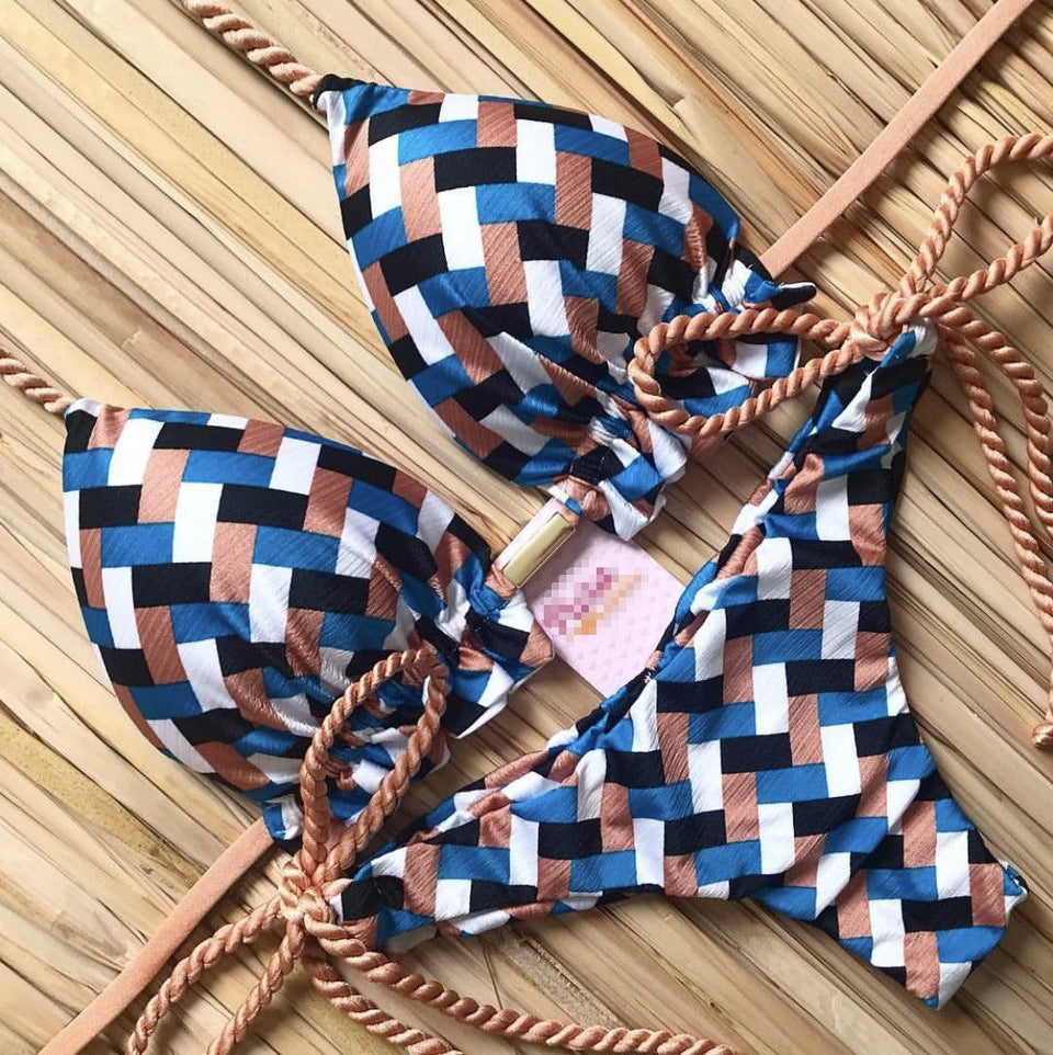 Ekoseli Baskılı Bağcıklı Bikini