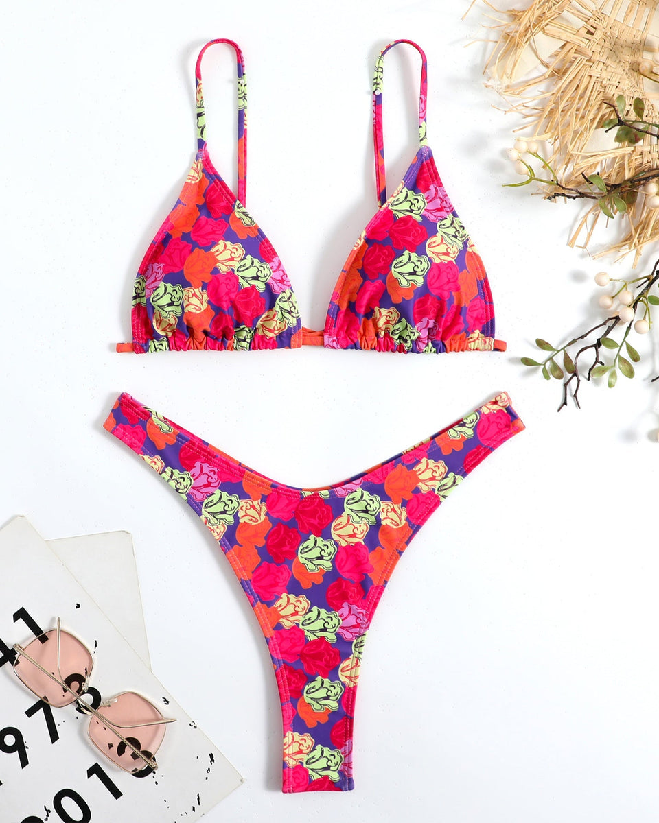 Renkli Çiçek Desenli Halter Bikini