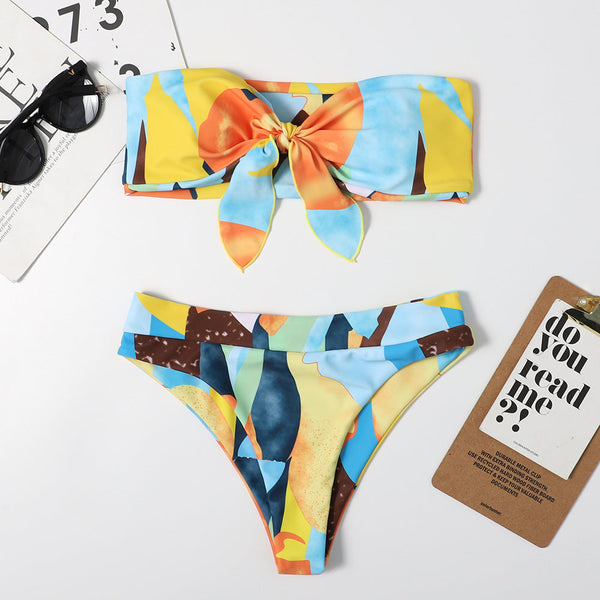 Düğümlü Çiçek Desenli Straplez Bikini