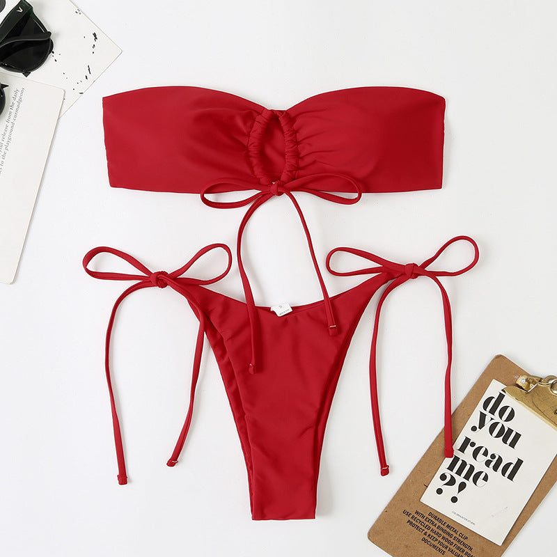 Düz Renk Plise Detaylı Bikini